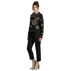 Michael Simon Black Cowl Neck Gold Beading Holiday Festive Cotton Sweater Large